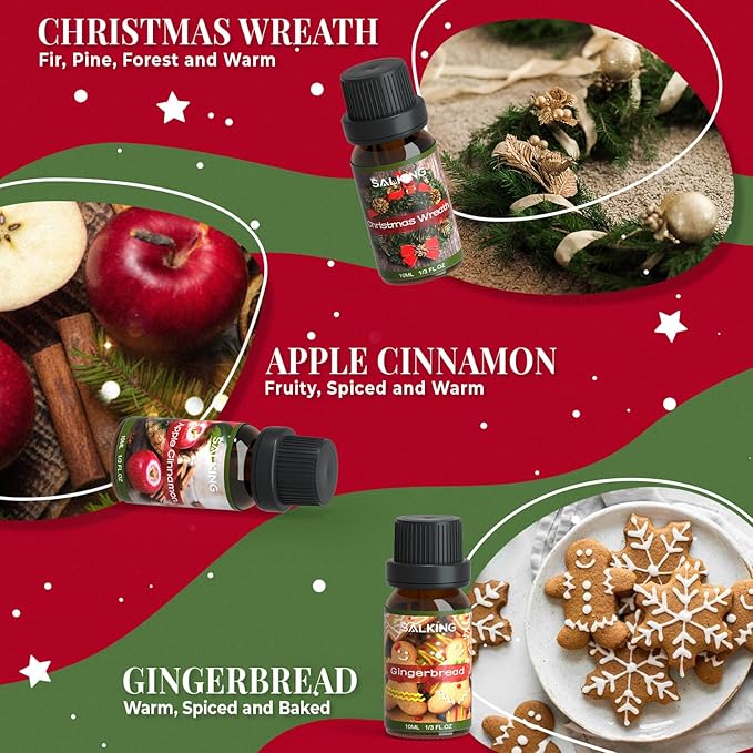 SALKING Christmas Fragrance Oils, Premium Essential Oil for Diffuser, Scented Oil Gift Set for Soap Candle Making - Christmas Wreath, Apple Cinnamon, Gingerbread, Candy Cane, Christmas Pudding, Eggnog - Bloomnest