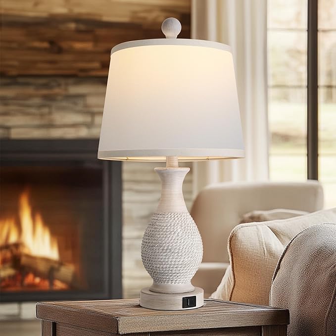 PARTPHONER Traditional Table Lamps Set of 2, Bedside Touch Lamp with USB C+A Charging Ports, Rustic Farmhouse Table Lamps for Living Room Bedroom, Side Table Lamp with White Fabric Shade, Antique Grey - Bloomnest