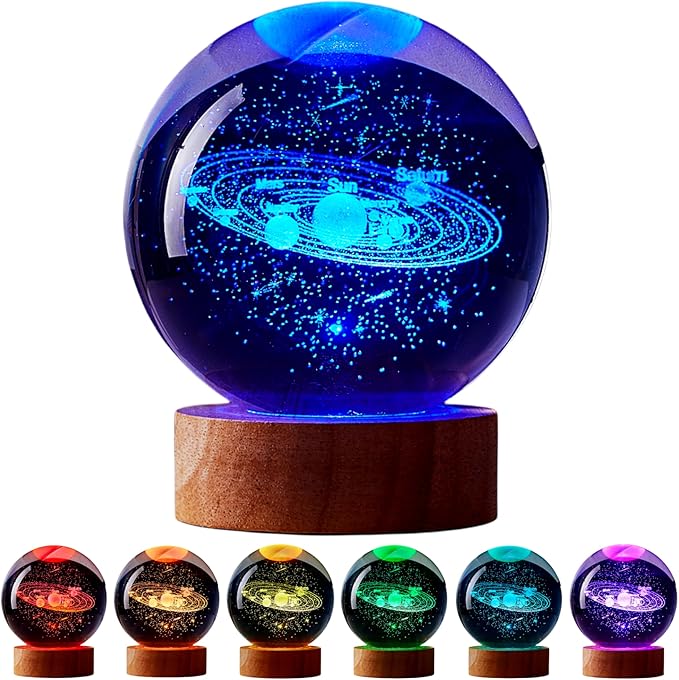 3D Large Solar System Crystal Ball Night Light with Wooden Base, Galaxy Crystal Lamp Gift for Kids Wife Friends, 16 Color Changing with Remote Control, 3.15 inch Planet Glass Ball Lamp (Solar System) - Bloomnest