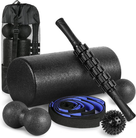 6-Piece Foam Roller Massage Set – Deep Tissue Muscle Recovery Kit with Massage Stick, Massage Balls & Stretch Strap – Includes Carry Bag – Black/Blue