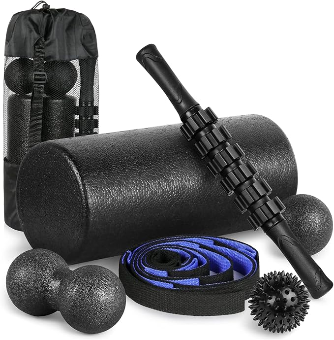 6-Piece Foam Roller Massage Set – Deep Tissue Muscle Recovery Kit with Massage Stick, Massage Balls & Stretch Strap – Includes Carry Bag – Black/Blue - Bloomnest
