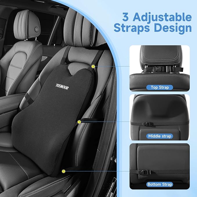 Lumbar Support Pillow for Car Improve Lower Back Pain Relief & Sitting Posture Back Support Memory Foam Back Cushion for Driving, Lumbar Comfort for Long Sitting, Truck with Three Adjustable Straps - Bloomnest
