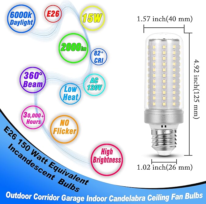 1.57 x 4.92 inch Big E26 LED Bulbs 15W LED Corn Light Bulbs 150 Watt Equivalent 2000 Lumen 6000K Daylight White for Outdoor Home attic Corridor Garage Warehouse Candelabra Ceiling Fan LED Bulbs,2Pack - Bloomnest