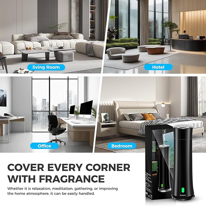 Hotel Scent Diffuser Starter Kit - 1500 Sq Ft Coverage, Hotel Scents Collection, Suitable for Waterless Diffuser Large Room, Contains Five Aromatherapy Essential Oils, Remote Control, Black - Bloomnest