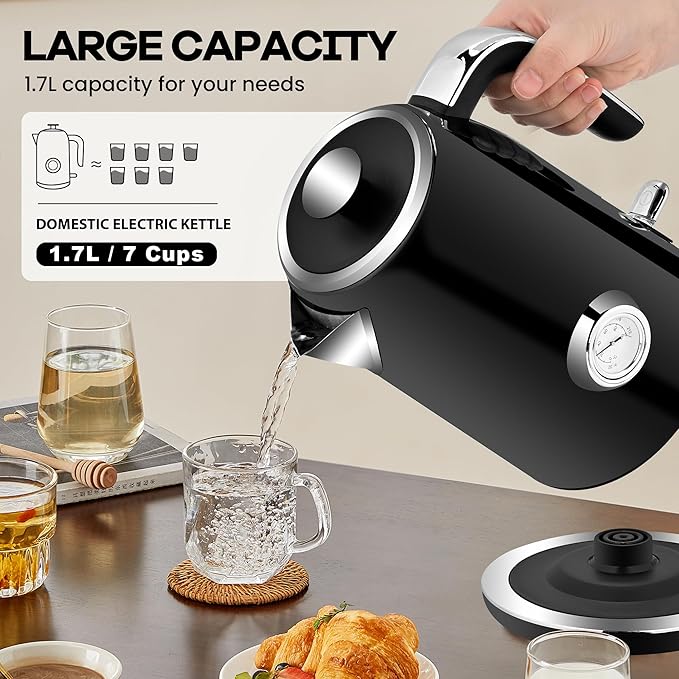 PUKOMC Electric Kettle, 1.7L Stainless Steel Tea Kettle with Temperature Gauge, 1500W Water Boiler with LED Light, BPA-Free, Auto Shut-Off and Boil-Dry Protection (Black) - Bloomnest