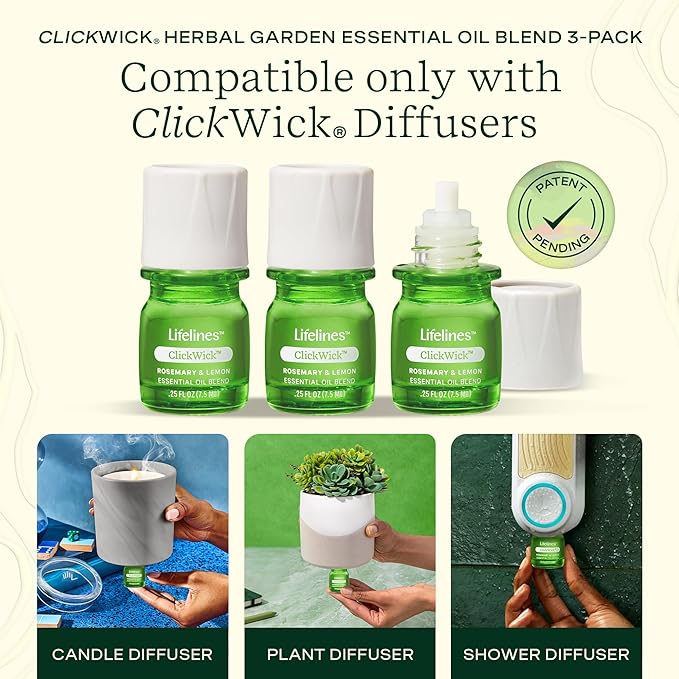 ClickWick Essential Oil Blends for Lifelines Diffusers, 3-Pack Herbal Garden Set - Essential Oil Blend Refill for Candle, Plant & Shower Aromatherapy Diffuser - Fragrance for Diffusers - Bloomnest