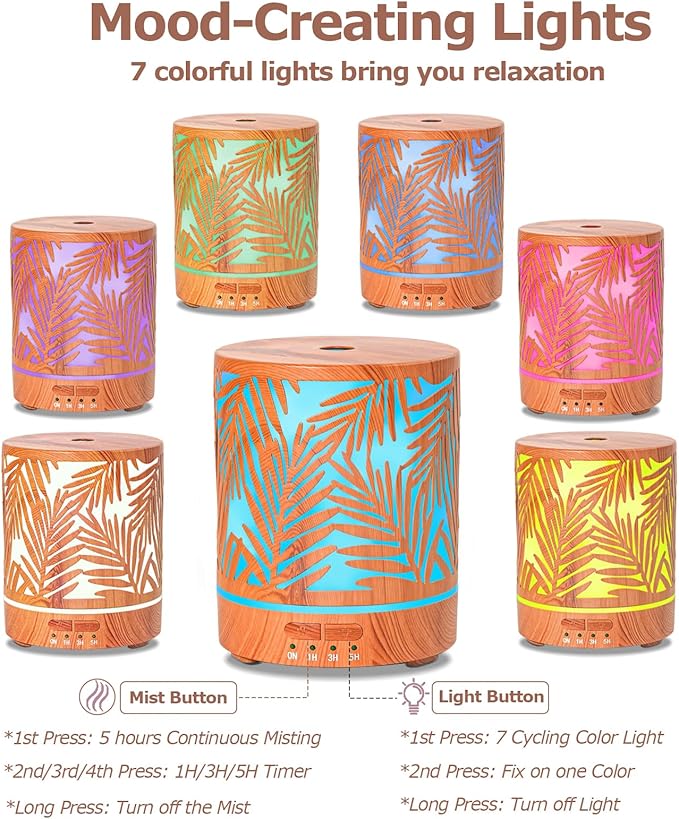 Essential Oil Diffuser Metal Aromatherapy Oil Diffusers for Large Room,Water Plants Pattern Ultrasonic Cool Mist Diffuser with Waterless Auto Shut-Off Protection,for Home Office,300ML - Bloomnest