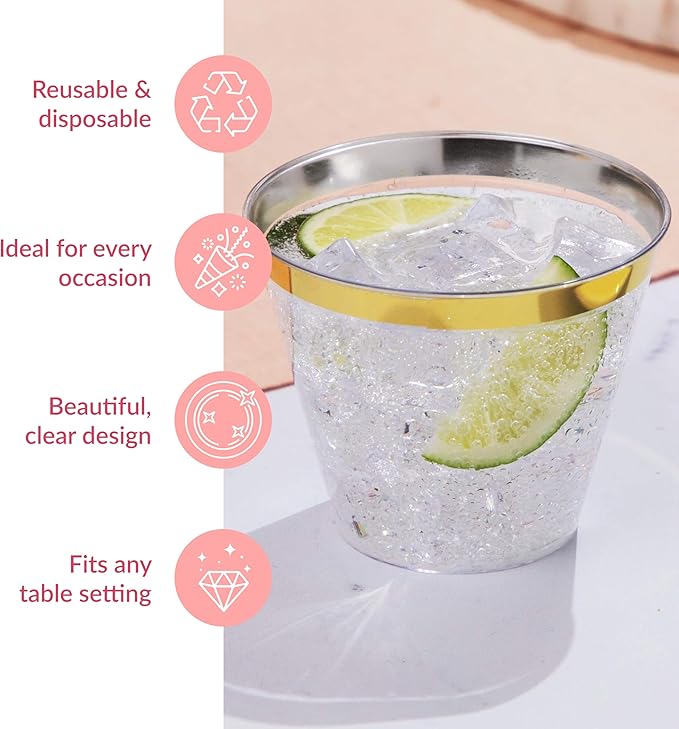Prestee Hard Disposable Cups - Heavy Duty Fancy Plastic Cups - Plastic Cocktail Drinkware - Disposable Drinking Cup 9 oz - Bulk Drinking Glasses for Wedding - 200ct Gold Tumblers - Bloomnest