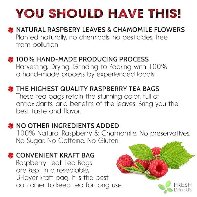 FreshDrinkUS, 75 Bags Premium Raspberry Leaf Teawith Chamomile Flavor, Eases Menstrual Cramps & Supports Healthy Pregnancy, Naturally, Caffeine-Free, Sugar Free, Vegan - Bloomnest