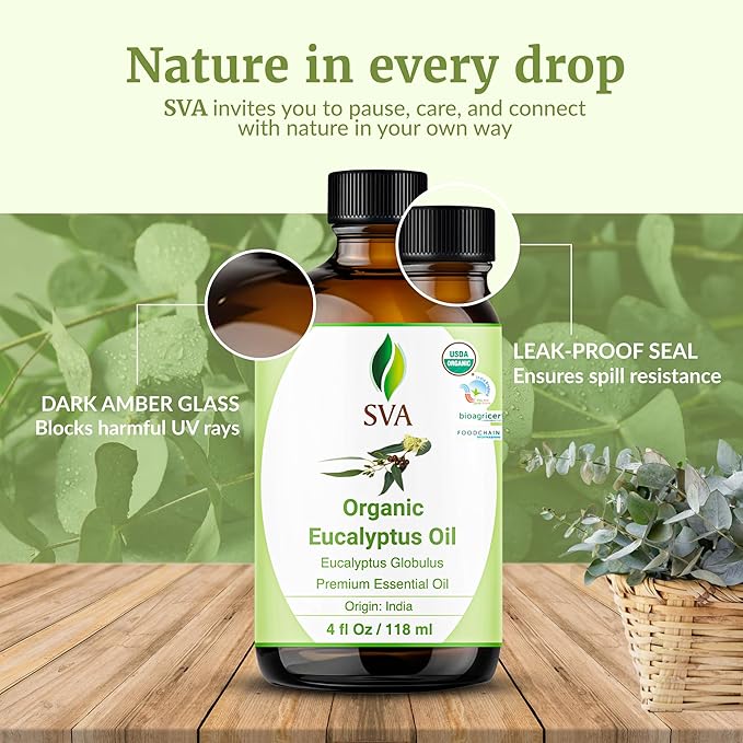 SVA Eucalyptus Essential Oil Organic – 4 Fl Oz – 100% Natural Organic Eucalyptus Oil - for Diffuser, Hair, Face, Skin Care, Aromatherapy, Scalp and Body Massage, Soap and Candle Making - with Dropper - Bloomnest