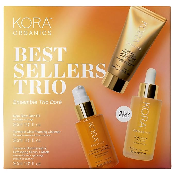 KORA Organics Best Sellers Trio, Gift Set with Noni Glow Face Oil, Turmeric Brightening & Exfoliating Mask and Foaming Cleanser (3 Items) - Bloomnest