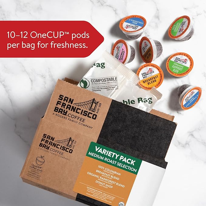 San Francisco Bay Compostable Coffee Pods - Variety Pack Medium Roast (40 Ct) K Cup Compatible including Keurig 2.0, Colombian, Breakfast, Organic Rainforest, Donut Shop - Bloomnest