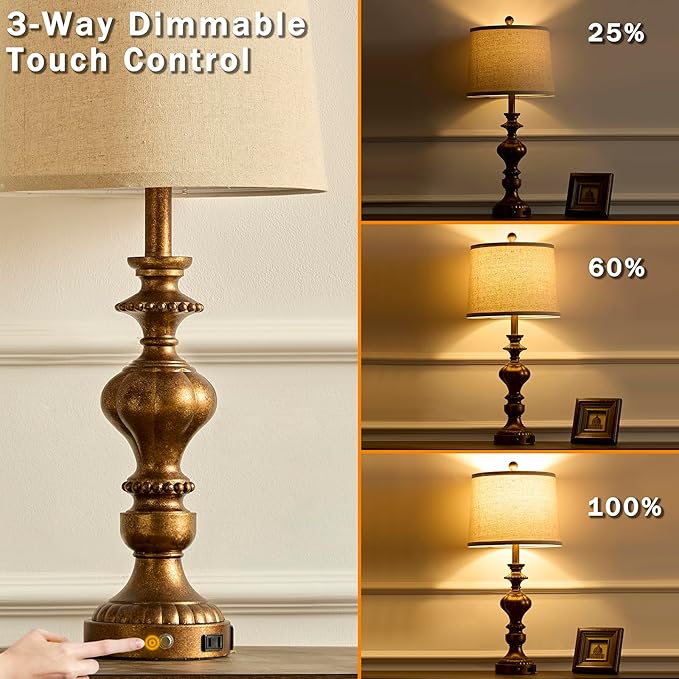 27.5" Farmhouse Table Lamps Set of 2 Bedside Nightstand Lamp with USB C+A Ports & AC Outlet, 3 Way Dimmable Touch Lamps for Bedroom Living Room Office Hallway Rustic Traditional Lamp (Copper) - Bloomnest