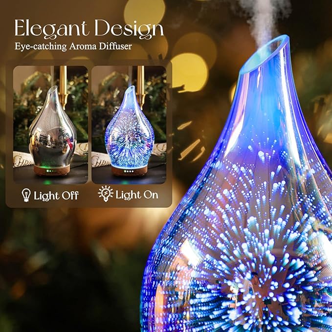 Porseme Oil Diffuser 3D Glass Aromatherapy Ultrasonic Humidifier, Air Refresh Auto Shut-Off, Timer Setting, BPA Free for Home Hotel Yoga Leisure SPA Gift 150ml Last 6H - Bloomnest