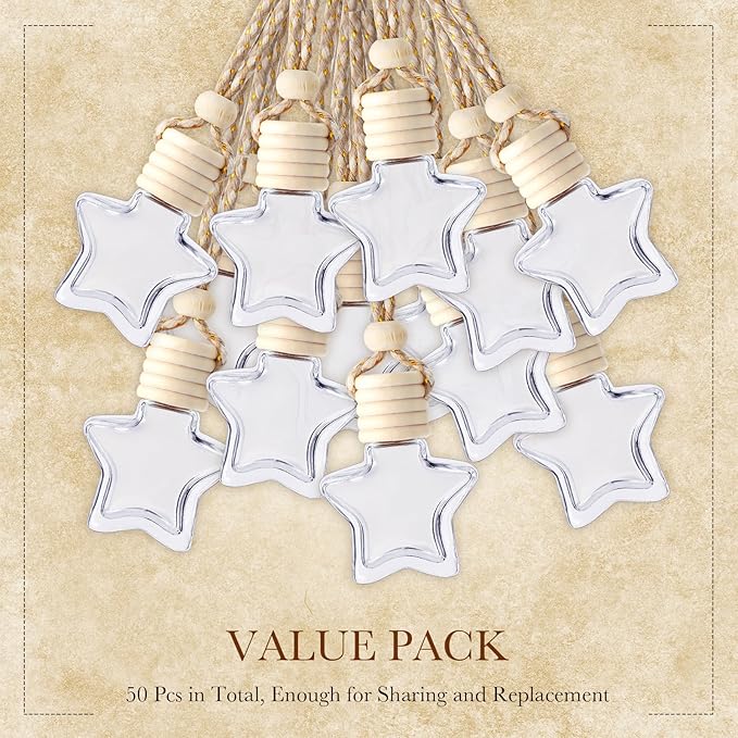 BBTO 50 Pcs Hanging Car Air Freshener Car Diffuser Bottles Empty Glass Perfume Bottle Freshener Diffuser Bottle Pendant for Essential Oil Fragrance Aromatherapy Bottle Ornament(Star) - Bloomnest