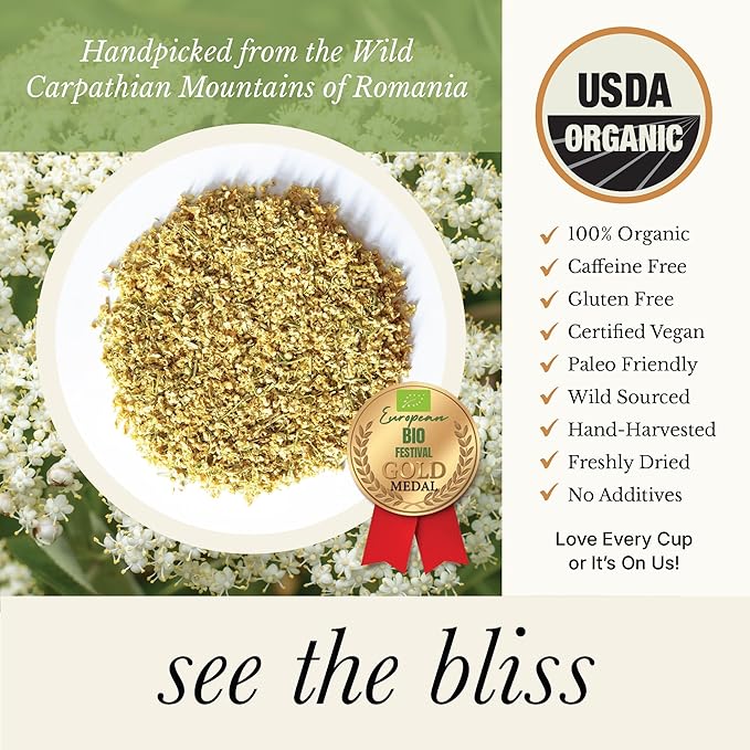 Wild Bliss Organic Elderflower Tea – Immune and Respiratory Support - Caffeine Free Loose Leaf Elder Flowers - 5.29 Ounces - 60 Servings - Bloomnest