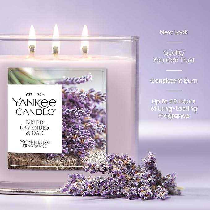 Yankee Candle Dried Lavender & Oak, Scented Candle, 14.5oz 3-Wick Candle Jar with up to 40 Hours Burn Time, Giftable - Bloomnest