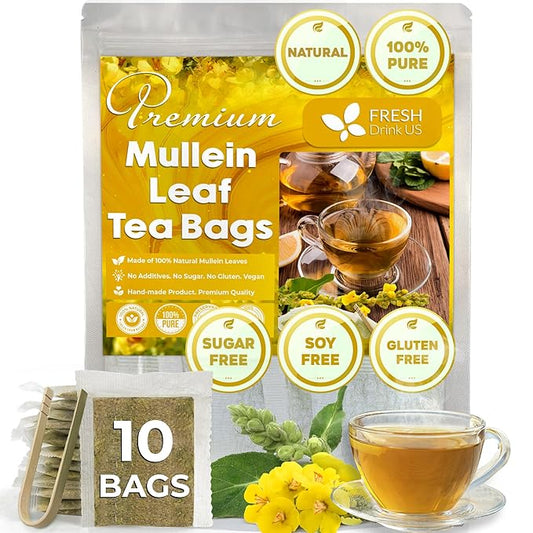 FreshDrinkUS, Premium 10 Mullein Leaf Tea Bags For Lungs, 100% Natural & Pure from Mullein Leaves. Loose Leaf Mullein Herbal Tea. Made with Natural Material Tea Bags. No Sugar, No Caffeine, No Gluten, Vegan. - Bloomnest
