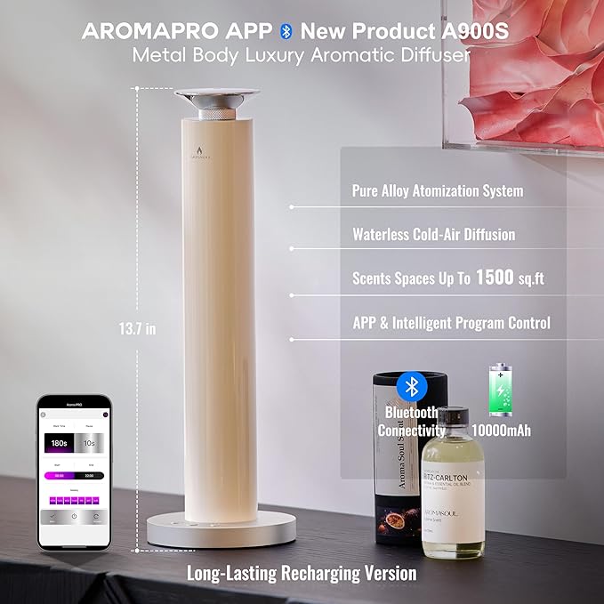 Waterless Scent Diffuser Starter Kit - Alloy Atomization System, Smart Rechargeable Hotel Scent Diffuser, 1500 Sq Ft Coverage, Including 120ml Essential Oil, for Home, Large Room, Spa, Cream - Bloomnest