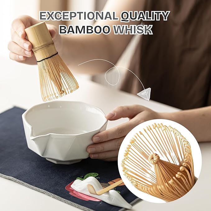 7 PCS Matcha Whisk Kit with Bowl & Scoop, Bamboo Whisk and Sifter, Traditional Japanese Tea Set for Matcha Lovers – Complete Matcha Gift Kit (White) - Bloomnest