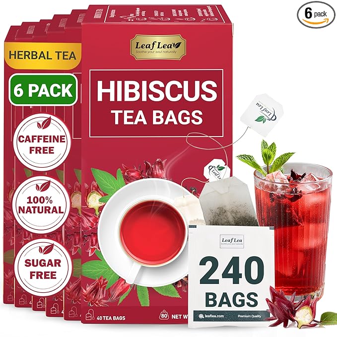LeafLea Hibiscus Tea Bags – 240 Count, Individually Wrapped, 100% Natural Hibiscus Flower Herbal Tea, Caffeine-Free, Sugar-Free, Non-GMO, Rich in Flavor & Color, Te de Hibisco, Jamaica Tea (Pack of 6) - Bloomnest