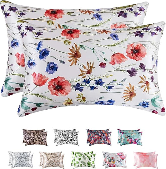 MR&HM Satin Pillowcase for Hair and Skin, Silk Satin Pillowcase 2 Pack, King Size Pillow Cases Set of 2, Silky Pillow Cover with Envelope Closure (20x40, Floral Mixted) - Bloomnest