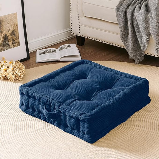 Wellsin Square Floor Pillows for Adults Kids - Meditation Floor Pillow Seating Cushion - Tufted Floor Cushion with Shredded Foam & Velvet Cover, 1 Pack, 20x20 Inch, Dark Blue - Bloomnest