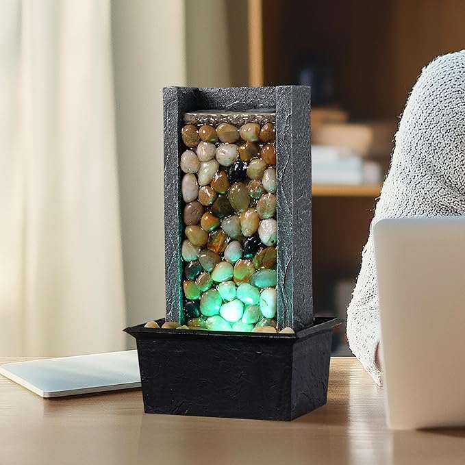 Kalona Tabletop Waterfall Fountain Pebble Indoor Water Feature with Coloured LED Lights for Home, Office & Desk Decor - Soothing Sound Small Relaxing Fountain(24367A) - Bloomnest