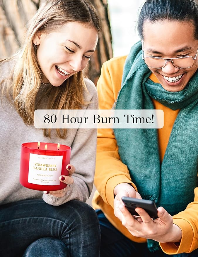 Strawberry Vanilla Aromatherapy Candle - Large 3 Wick Soy Scented Candle 15.8 oz - Relaxing Vanilla Candle for Home & Stress Relief - Long Lasting Natural Candles Gift for Women & Men - Clean Burning - Bloomnest