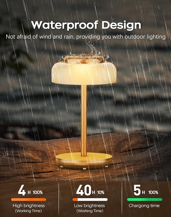 QiMH Battery Operated LED Table Lamp, 5000mAh Rechargeable Cordless Lamp Set of 2, Stepless Dimmable Touch Control, Small Waterproof Desk Night Light for Living Room, Bedroom, Outdoor Bar (Gold) - Bloomnest