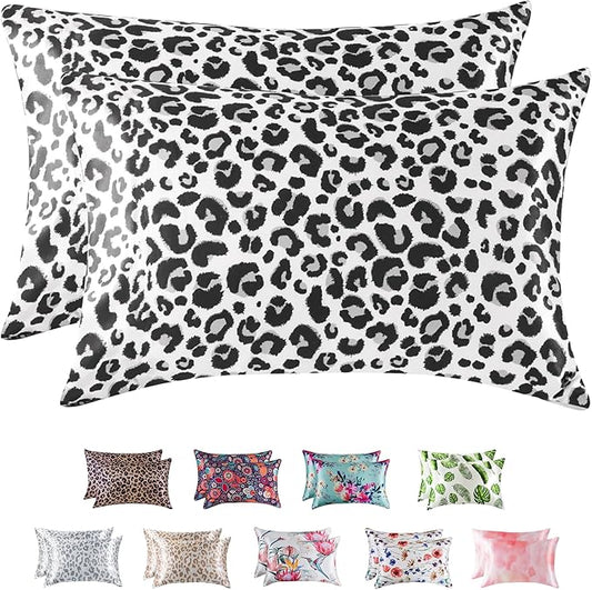 MR&HM Satin Pillowcase for Hair and Skin, Silk Satin Pillowcase 2 Pack, Standard Size Pillow Cases Set of 2, Silky Pillow Cover with Envelope Closure (20x26, White Leopard) - Bloomnest