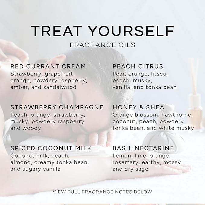 Eternal Essence Oils Treat Yourself Set of 6 Premium Fragrance Oils - Includes Peach Citrus, Strawberry Champange, Spiced Coconut Milk, Basil Nectarine, Red Currant Cream, & Honey & Shea - 10ML - Bloomnest