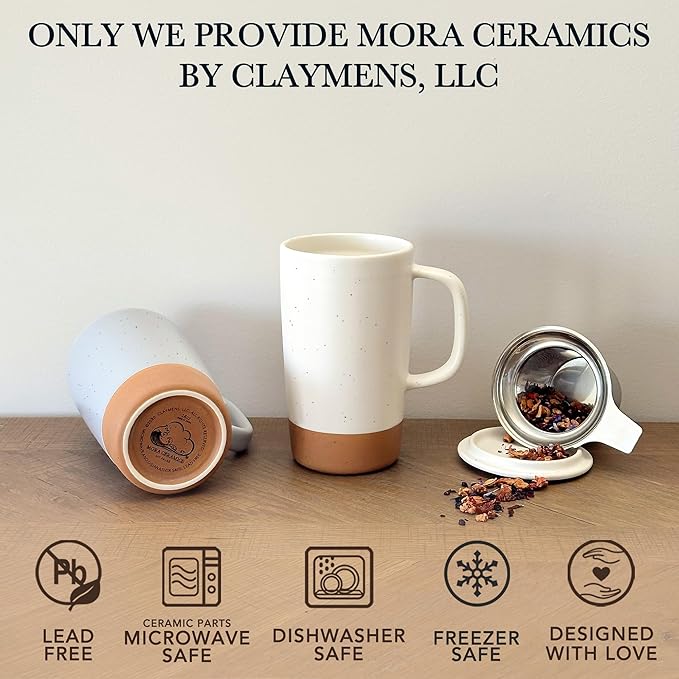 Mora Ceramics Large Tea Mug with Loose Leaf Infuser and Ceramic Lid, 18 oz, Portable, Microwave and Dishwasher Safe, Tall Coffee Cup - Rustic Matte Ceramic Glaze, Modern Herbal Tea Strainer, Cotton - Bloomnest