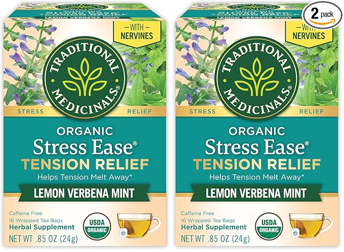 Traditional Medicinals Organic, Stress Ease Tension Relief, Lemon Verbena Mint Tea - Supports Stress Relief - Kosher, Non-GMO, Caffeine-Free, Compostable - 16 Count (Pack of 2) - Bloomnest