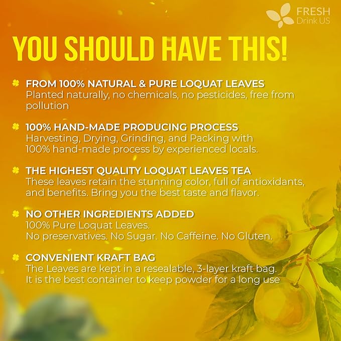 FreshDrinkUS, Premium 8oz Loquat Leaves | Dried Loquat Loose Leaf Tea | Eriobotrya japonica | Naturally Dried, Cut & Sifted | Herbal Tea Ingredient. Sugar-Free. Caffeine-Free. Vegan - Bloomnest