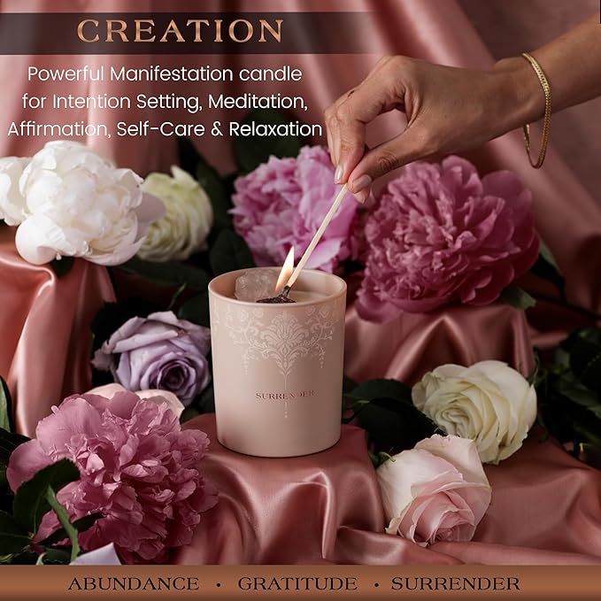 Luxury Crystal Candle for Women - Velvet Rose & Patchouli Scented Aromatherapy Candle - Manifestation Candle with Strawberry and Clear Quartz Crystals -7.4oz Natural Coconut, Soy Wax Wood Wick Candles - Bloomnest