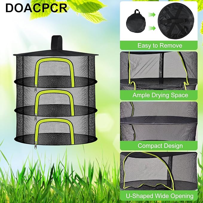 3 Layer Herb Drying Rack, Herb Drying Rack Hanging Mesh, Foldable Bud Drying Net with U-Shaped Zipper, Hooks, for Drying Herbs Plants, Flowers, Fruits, Food, Camping (3 Layers-23.62'') - Bloomnest