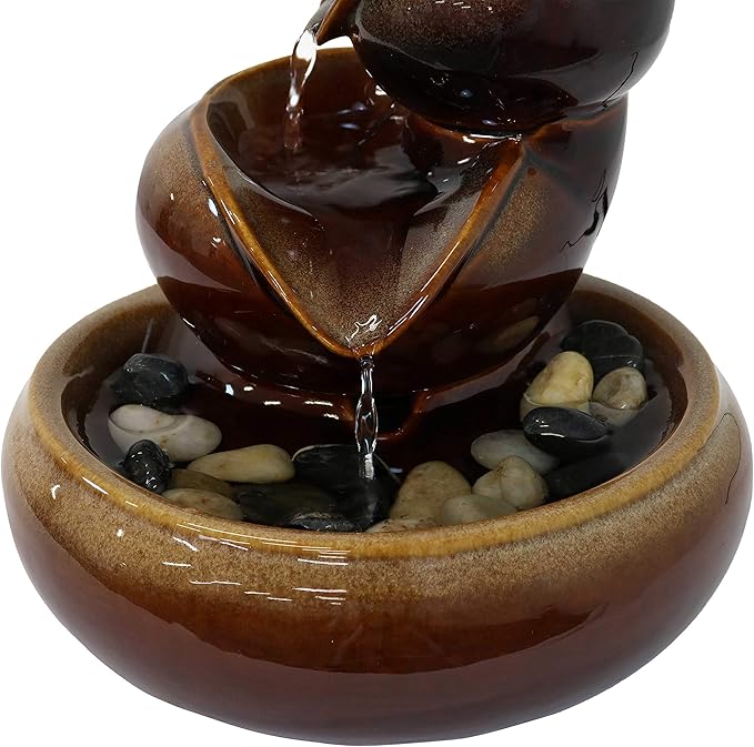 Sunnydaze Tiered Vessels Ceramic Tabletop Water Fountain - Relaxing Indoor Fountain for Office, Bedroom, or Living Room - Brown
