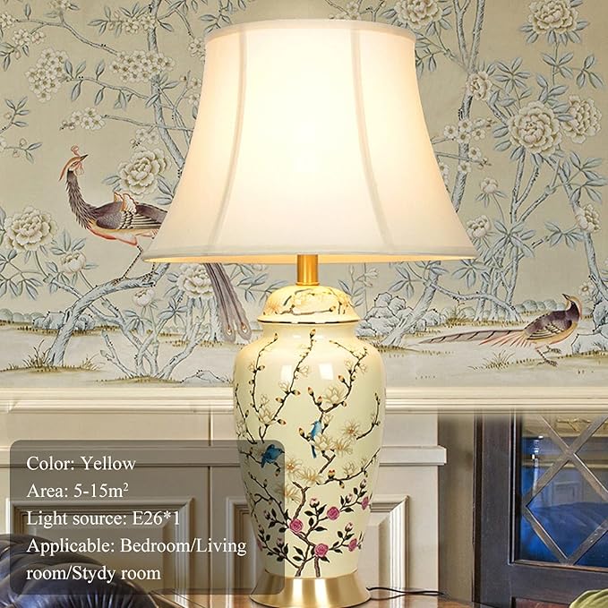 Flower Bird Ceramic Table Lamp, Rustic Vintage White 26.7" Tall Coastal Bedside lamp, Ceramic Lamp Body with Fabric Tapered Drum Shade for Living Room Bedroom House Bedside Nightstand Home - Bloomnest