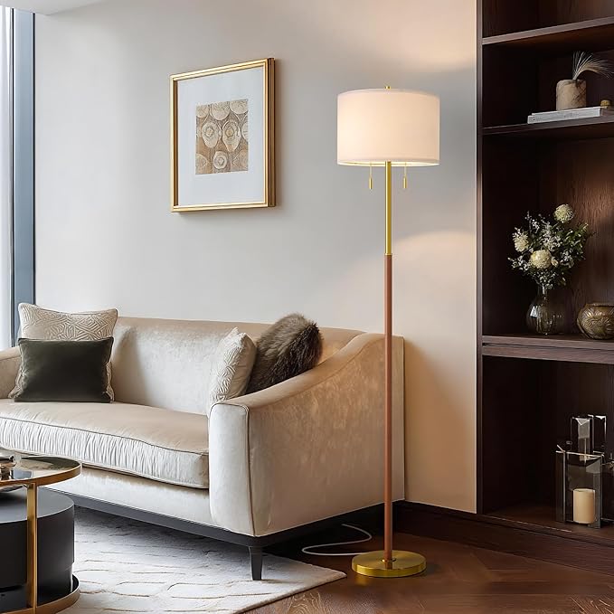 61" Wood Floor Lamp for Living Room 2-Light Standing Tall Lamps Mid Century Modern Floor Lamps for Bedroom Office Nursery Corner Industrial Reading Room Lamp, 3 Color Temperatures 9W Bulbs Included - Bloomnest