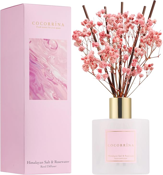 COCORRÍNA Reed Diffuser - Himalayan Salt & Rosewater 6.7 Fl.oz Reed Diffuser Set with Sticks & Preserved Baby's Breath, Reed Diffuser for Home Bathroom Shelf Decor - Bloomnest