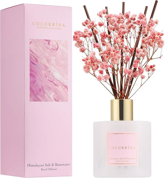COCORRÍNA Reed Diffuser - Himalayan Salt & Rosewater 6.7 Fl.oz Reed Diffuser Set with Sticks & Preserved Baby's Breath, Reed Diffuser for Home Bathroom Shelf Decor - Bloomnest