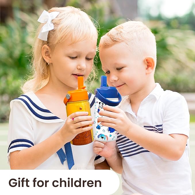 SANDJEST Bear Water Bottle - Kids Water Bottle with Straw Lid - 12 Oz Insulated Stainless Steel Water Bottles for Kid Boys - Travel Cup for School Sports - Bloomnest