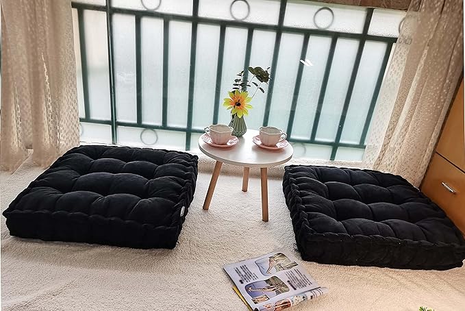 Verpert Floor Pillow 25x25 Inch Square Meditation Cushion Floor Seating for Adults Oversized Tufted seat Cushion Reading Nook for Kids, Yoga Meditation Pillow for Sitting on Floor (Black)