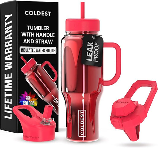 Coldest Tumbler with Handle and Straw - 100% Spill Proof Tumbler with Straw (3 Lids), Stainless Steel Insulated Leakproof Tumblers for Women & Men - 36 oz (Raspberry Reflections) - Bloomnest
