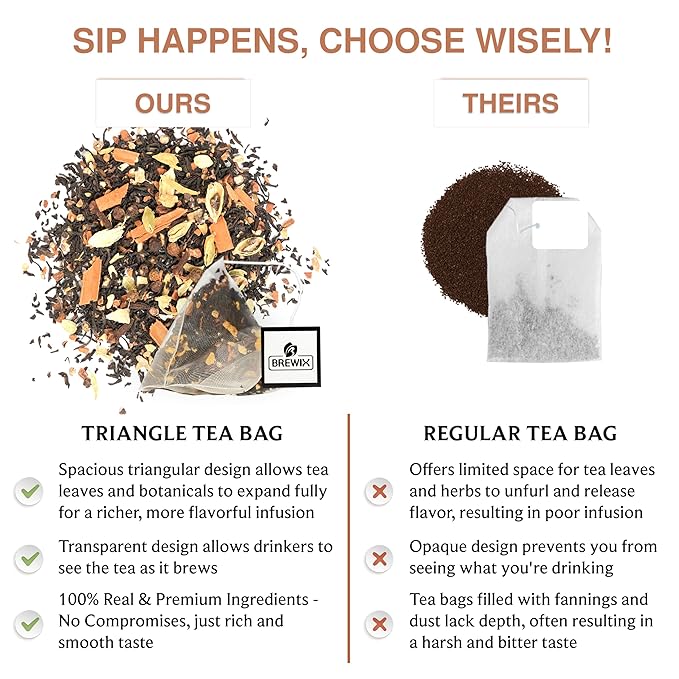 BREWIX, Masala Chai Tea Bags (22 Pyramid Tea Bags) Strong, Robust & Spicy - Pure Ingredients | Black Tea, Cinnamon, Ginger, Black Pepper, Cardamom & Cloves, Packed in Resealable Ziplock Pouch - Bloomnest