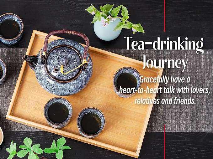 Traditional Japanese tea set, Kiln altered glaze Porcelain tea set with 1 teapot (23.5oz/700ml), 6 teacups (4oz/120ml), 1 Tea Tray,Japanese teapot set, Asian tea sets (Kiln altered Blue) - Bloomnest