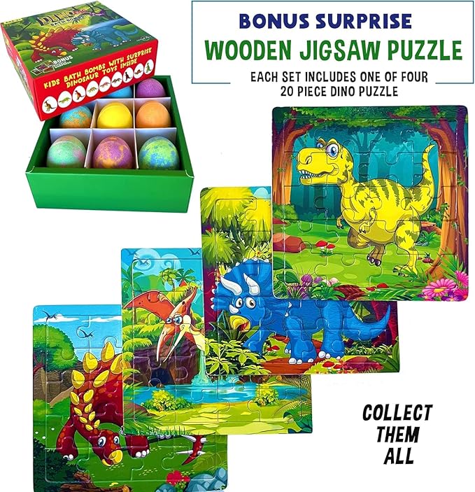 Bath Bombs for Kids with Surprise Toys Inside Plus Dinosaur Puzzle - Set of 9 Organic Dino Egg Bath Bombs with Rich Bubbles, Stocking Stuffers Christmas Gifts for Kids - Bloomnest