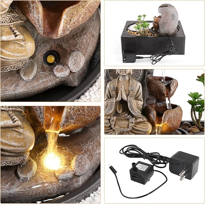 WICHEMI Waterfall Fountains Indoor Water Fountain Tabletop Fountain Zen Garden Buddha Fountain with LED Warm Light for Office Home and Bedroom Desktop Decor
