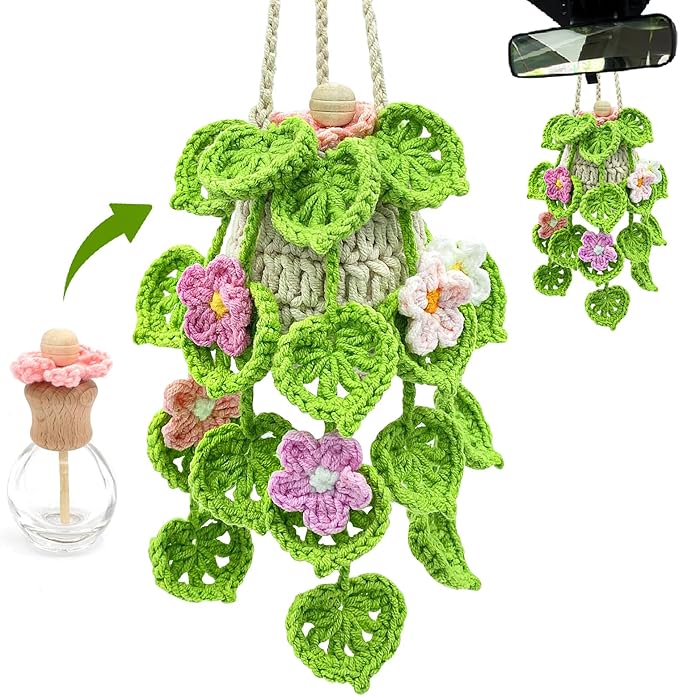 Crochet Car Air Freshener, 15ml Empty Refillable Oil Diffuser Bottle with Hanging Crochet Flowers Plant for Car Rearview Mirror Decor Air Freshener Diffuser for Home, and Office Decor(Flowers) - Bloomnest